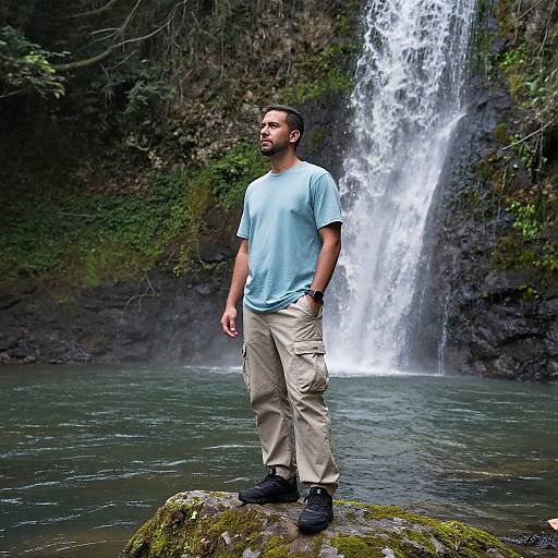 Photograph of a bearded man in light blue shirt and beige pants standing on mossy rock, gazing at a cascading waterfall in a lush
