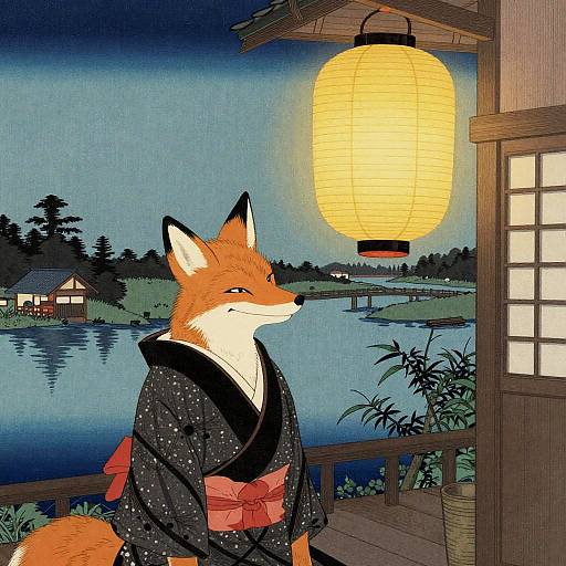 Samurai Fox in Ukiyo-e Style by Riverside Teahouse