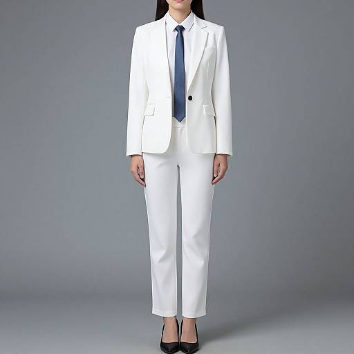 Photograph of a woman wearing a white tailored suit with a black tie and black high heels, standing against a plain gray background.