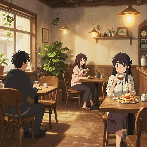 Anime-style digital drawing of three people in a cozy, sunlit café. Two girls with black hair and white shirts, one boy with black hair in