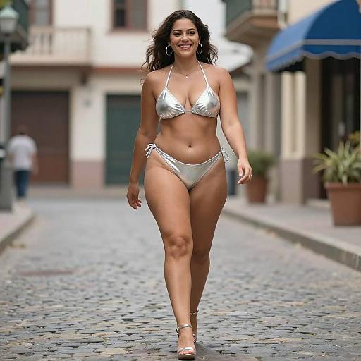 Confident Curvy Woman in Silver Bikini