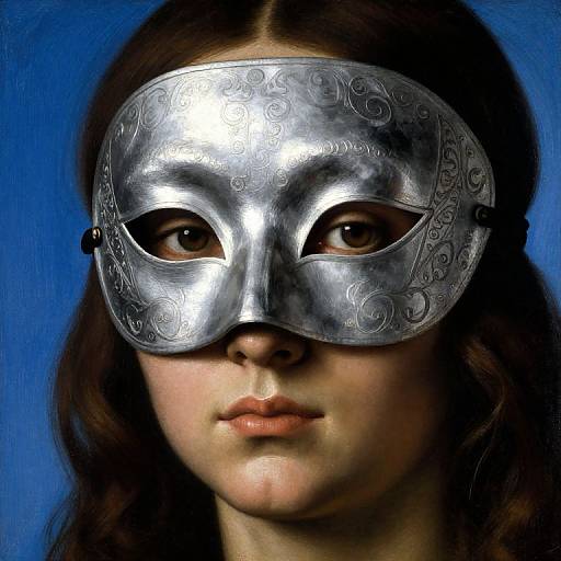 Photorealistic portrait of a young woman with brown hair, wearing an ornate silver masquerade mask, blue background, serious expression.