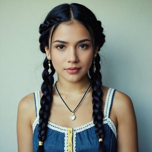 Young woman with twin braids in denim dress