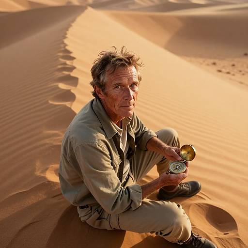 Photograph of an older man with tousled gray hair, wearing a beige shirt and pants, sitting in a sunlit desert holding a golden cup,