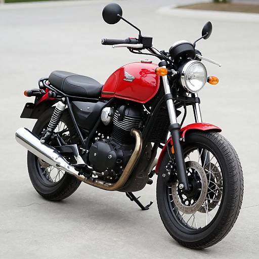 Photograph of a red vintage-style motorcycle with black seat, chrome exhaust, and round headlight, parked on a gray concrete surface.