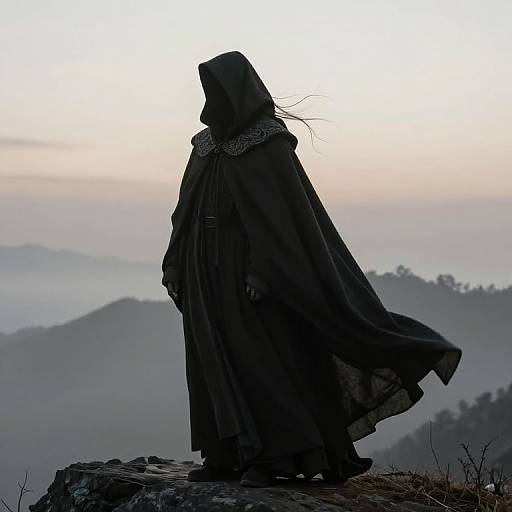 Silhouetted figure in dark, flowing cloak with hood stands on rocky mountain peak at dawn, misty mountains in background.