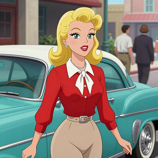 Digital illustration of a blonde woman with curly hair, wearing a red blouse, white collar, and beige pants, standing in front of turquoise vintage car on