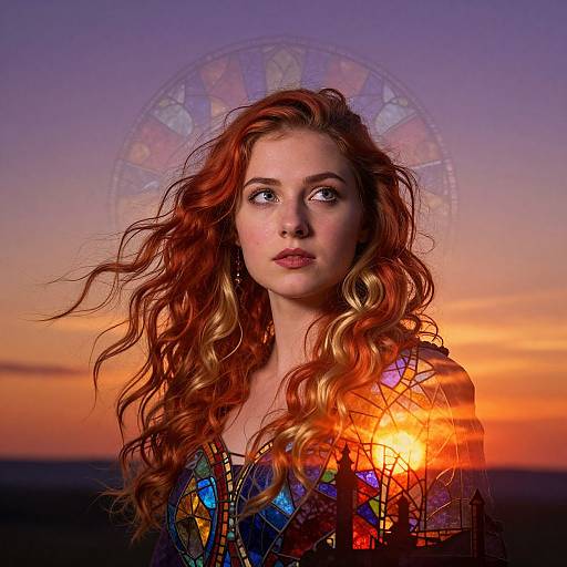 Photograph of a red-haired woman with wavy hair, wearing a colorful, stained glass-patterned top, against a sunset sky with a faint Ferr