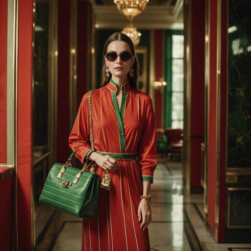 Elegant High-Fashion Model in Red and Green