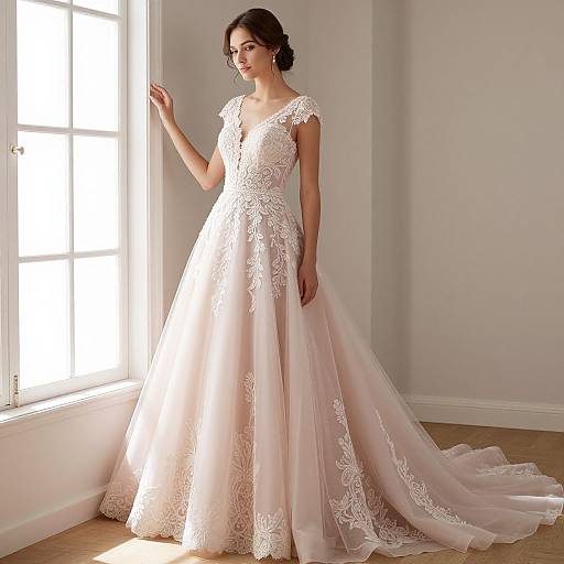 Photograph of a slender, dark-haired woman in a white lace, short-sleeved, full-length wedding gown with a long train, standing by