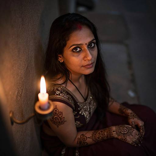 Photograph of a dark-haired Indian woman with intricate henna designs, wearing a sparkly black dress, illuminated by a candle flame, sitting in a