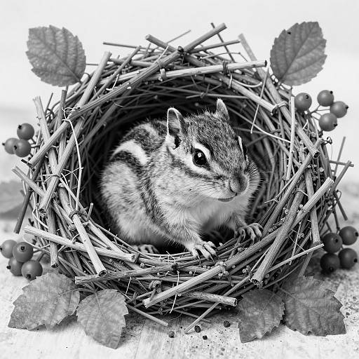 Intricate Chipmunk Nest Drawing in Black and White