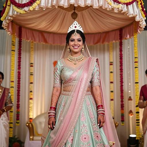 Photograph of a smiling Indian bride in a pastel green and pink saree with intricate embroidery, gold jewelry, and a white headpiece, standing