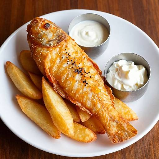 Photograph of a golden-brown, crispy fish fillet with black pepper, served with fries and two metal cups of creamy dipping sauce on a white