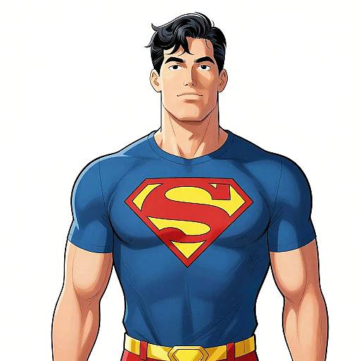 Digital illustration of a muscular, fair-skinned Superman with black hair, wearing a blue shirt with a red and yellow 