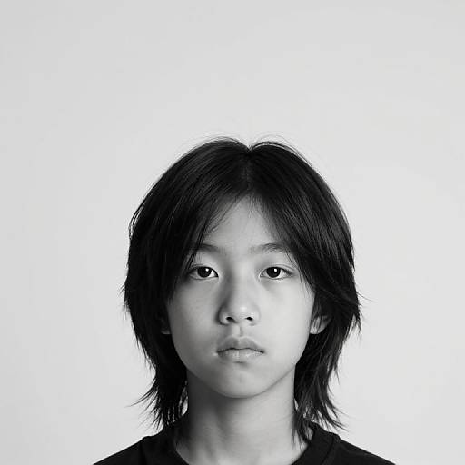 Black-and-white photograph of an Asian young woman with shoulder-length, slightly messy black hair, wearing a black shirt, against a plain white background. Neutral
