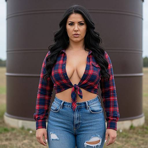 Photograph of a curvy woman with long black hair, wearing a tied, revealing red plaid shirt and distressed blue jeans, standing in front of