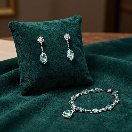 Photograph of elegant turquoise velvet pillow displaying matching turquoise teardrop earrings and bracelet, set against a dark green fabric background.