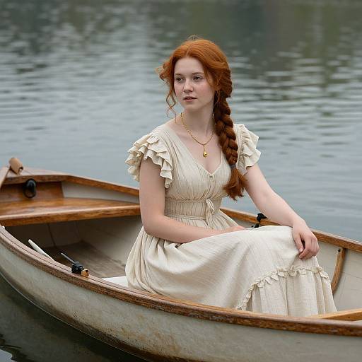 Photograph of a red-haired woman with fair skin, wearing a cream, ruffled dress and gold necklace, seated in a wooden rowboat on calm