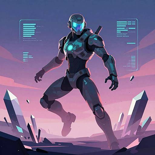 Digital art of a glowing blue-masked, muscular cyber soldier in dark armor, leaping amid shattered, luminous crystals against a pink-purple sunset sky
