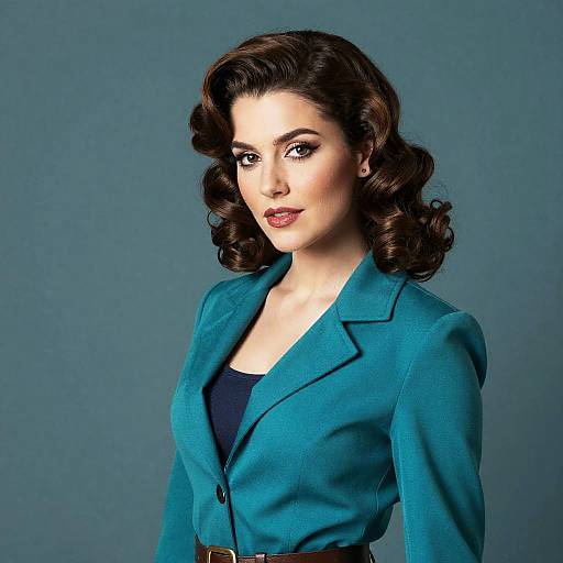Photograph of a stylish woman with wavy dark hair, wearing a teal blazer over a navy top, against a blue background.