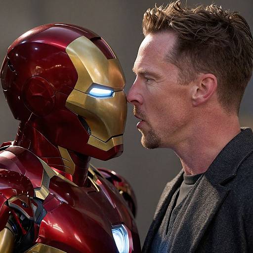 Photograph of a man in a gray shirt about to kiss a red and gold Iron Man helmet with glowing blue eyes.