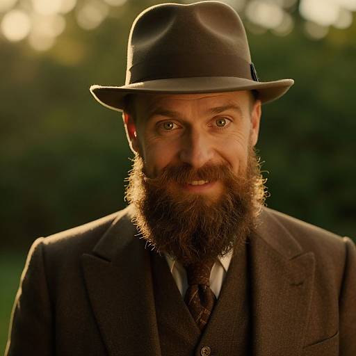 Photograph of a bearded man with a brown fedora, dark brown suit, white shirt, and black tie, smiling at the camera, with