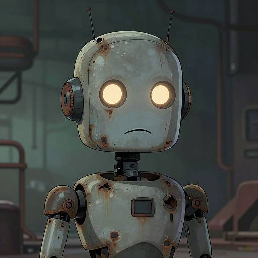 Digital drawing of a rusted, white, humanoid robot with glowing yellow eyes, standing in a dark, industrial background. The robot has a sad expression