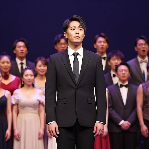 Photograph of an Asian man in a black suit standing center stage, with a diverse group of formally dressed people in the background. Dark blue curtain backdrop