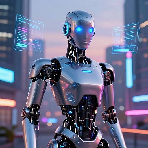 Photorealistic CGI of a silver humanoid robot with glowing blue eyes and holographic screens, standing in a neon-lit cityscape at night.