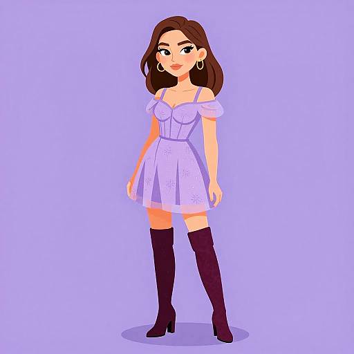 Elegant Woman in Burgundy Boots and Lavender Dress