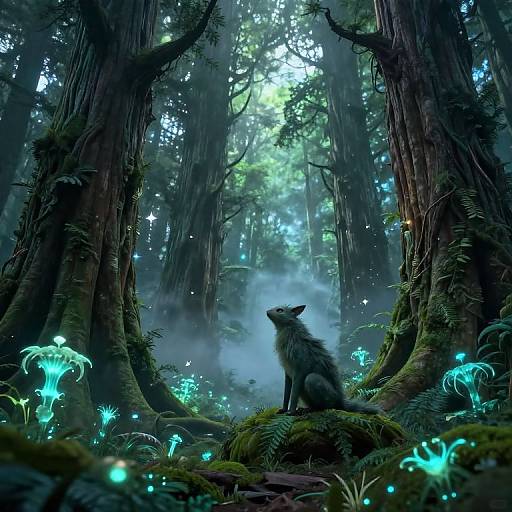 Digital fantasy artwork of a lone, gray wolf sitting amidst glowing blue mushrooms in a mystical, misty forest with towering redwoods.