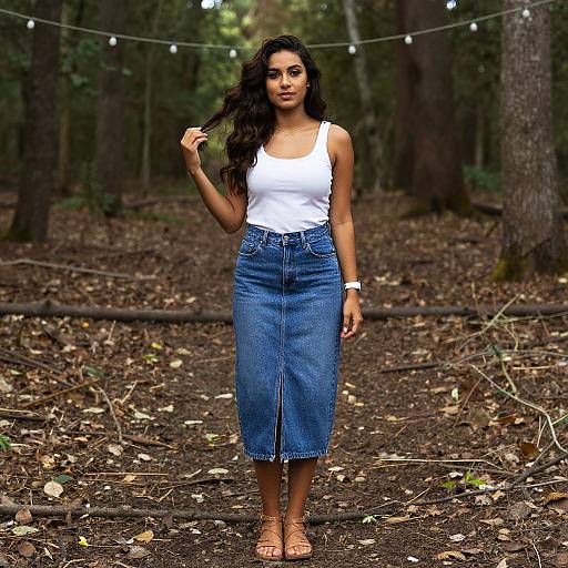 Photograph of a young woman with long dark hair, wearing a white tank top and blue high-waisted denim skirt, standing on a forest path