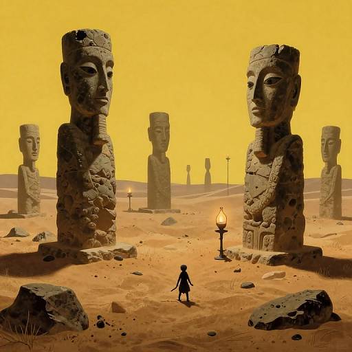 Photograph-style digital artwork of a small figure walking between massive, ancient stone Moai statues in a yellow desert, lit by a torch.