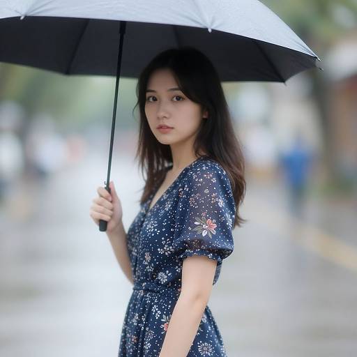 Photograph of an Asian woman with long dark hair, wearing a navy floral dress, holding a black-and-white umbrella on a blurred, rainy street.