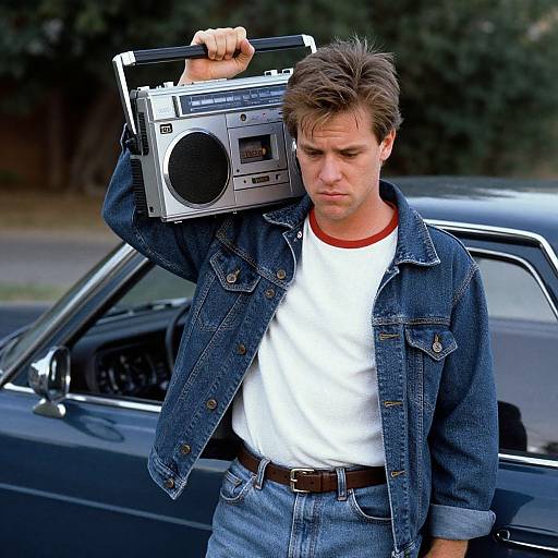 Photograph of a serious-looking man with spiky brown hair, wearing a denim jacket, white t-shirt, and blue jeans, holding a silver boom