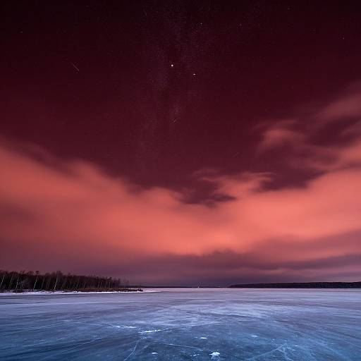 Photograph of a frozen lake at night, featuring vibrant pink and purple clouds in the dark sky, with a distant treeline on the horizon.