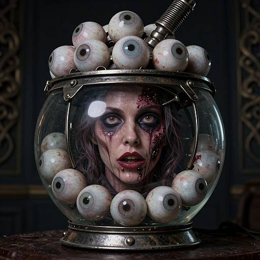 Photograph of a pale-skinned woman with blood-stained face, dark makeup, and red lips, encased in a fishbowl helmet filled