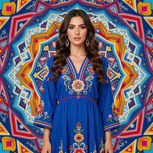 Photograph of a woman with long dark hair, wearing a blue embroidered dress, standing in front of a vibrant, colorful mandala background.