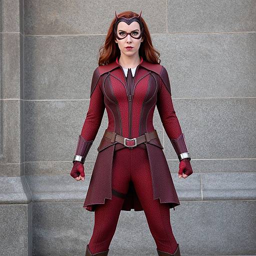 Digital artwork of a woman in a red, textured superhero suit with black accents, glasses, and horns, standing against a gray stone wall.
