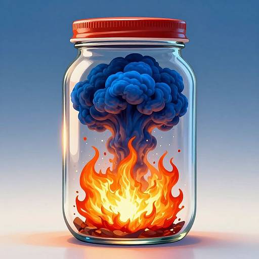 Digital artwork of a glass jar with a red lid, containing a blue smoke explosion above a bright orange fire, set against a gradient blue-to-white background