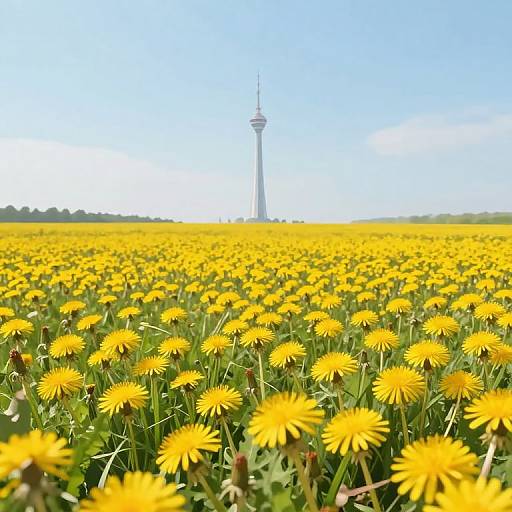 Photograph of a vast yellow dandelion field under a clear blue sky, with Toronto's CN Tower visible in the distant background.