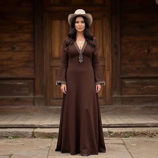 Photograph of a pregnant woman with long black hair, wearing a brown long-sleeve dress, white cowboy hat, standing in front of a wooden
