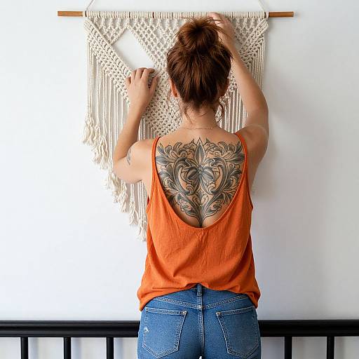 Woman Adjusting Macrame with Back Tattoo