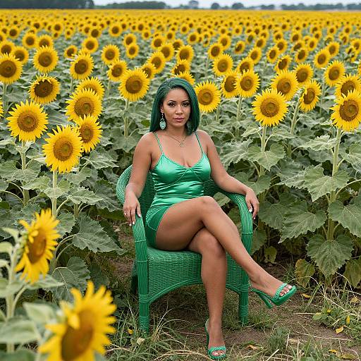 Photograph of a curvy woman with dark green hair, wearing a green satin dress and matching heels, sitting in a wicker chair amidst a vast