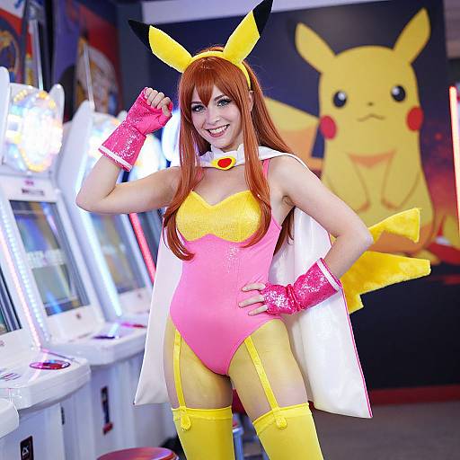 Cosplay photo of a woman in a Pikachu-inspired outfit with pink and yellow bodysuit, red gloves, yellow stockings, and Pikachu ears, standing