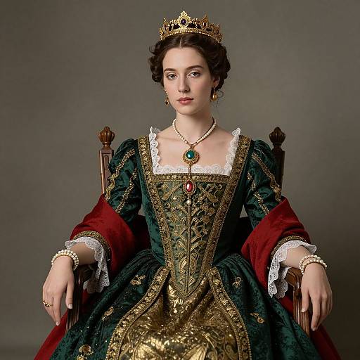 Photograph of a pale-skinned, dark-haired queen in ornate, green and gold Renaissance gown, red velvet sleeves, gold crown, pearl necklace