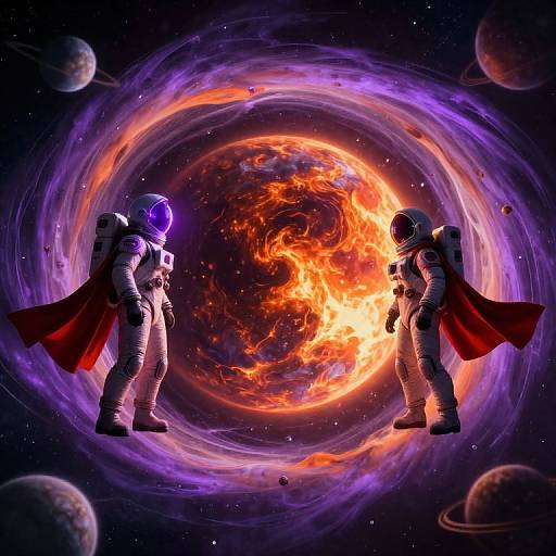 Digital art of two astronauts in white suits with red capes facing a swirling, fiery solar-like sun in space, surrounded by planets and stars.