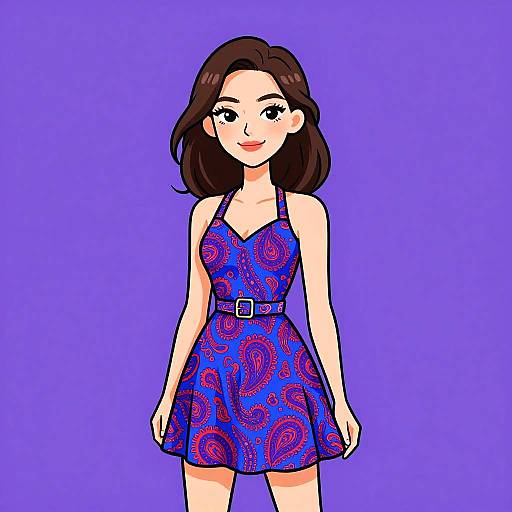 Digital illustration of a smiling woman with brown hair wearing a blue, paisley-patterned dress with a black belt, against a solid purple background.