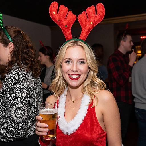 Photograph of a smiling blonde woman in a red velvet Santa dress with white fur trim, holding a beer, wearing red reindeer antlers at a
